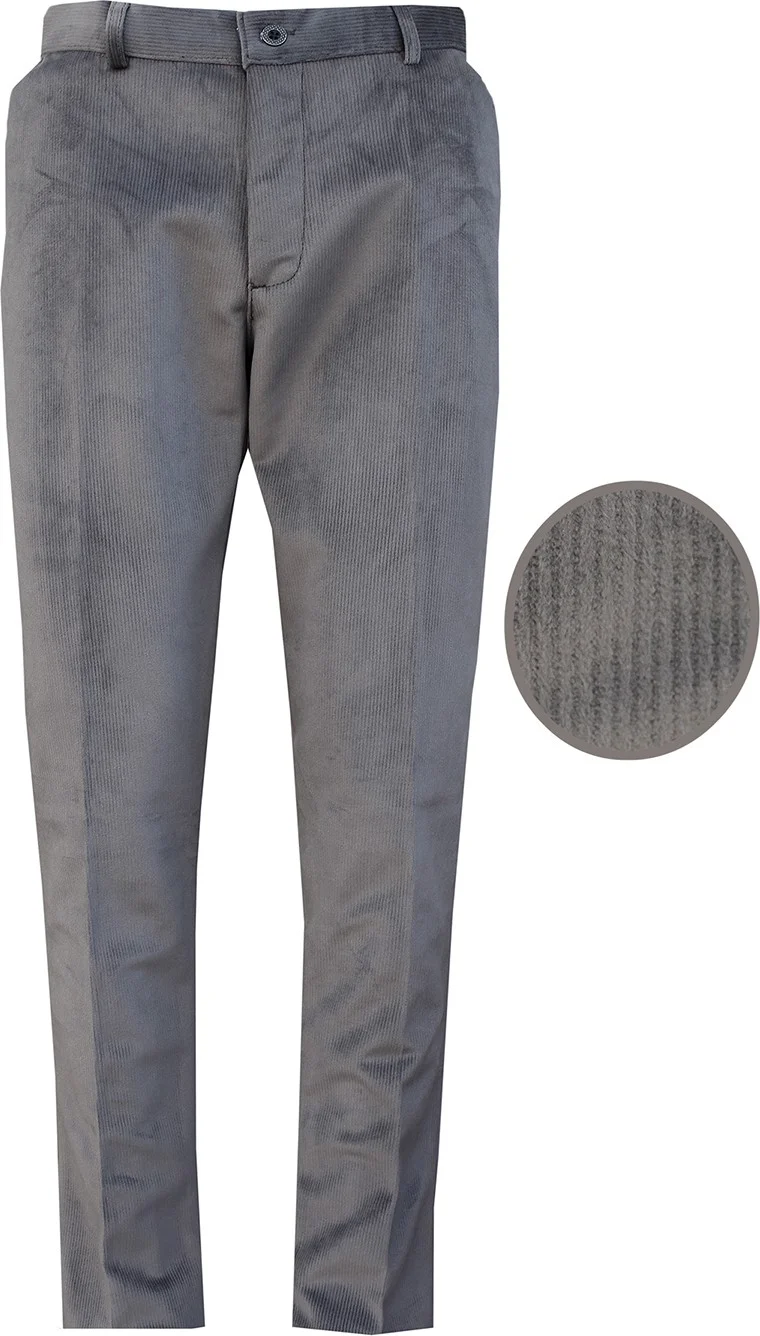 Men's Gray Winter Velvet Slim Ribbed Wool Inner Side Pocket Classic Cut Trousers