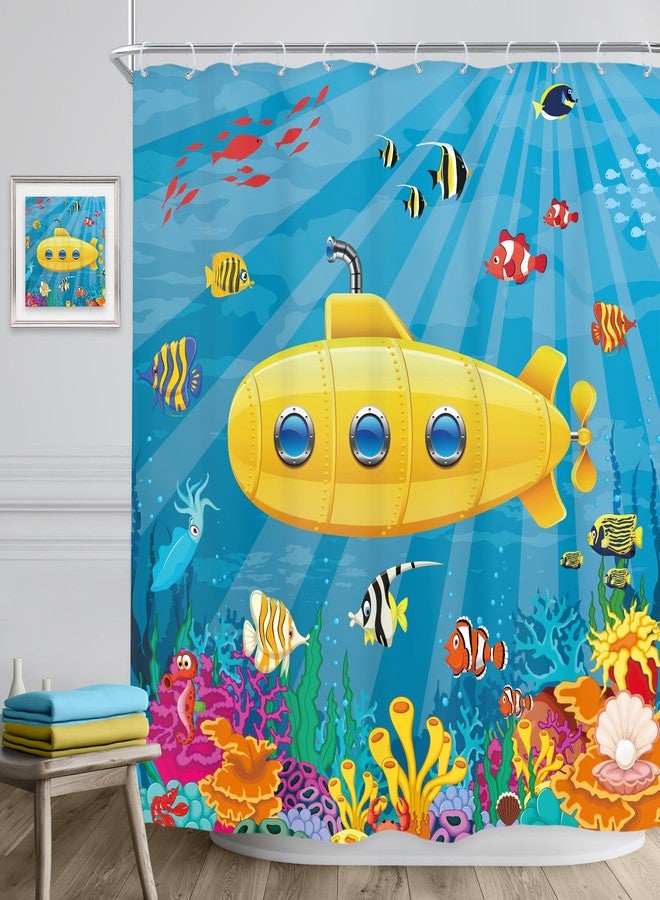 Riyidecor Kids Ocean Shower Curtain for Bathroom Decor 72Wx72H Cartoon Yellow Submarine Marine Underwater Fish Sea Coral Reef Colorful Fabric Inch 12 Pack Plastic Shower Hooks Included - Image 3