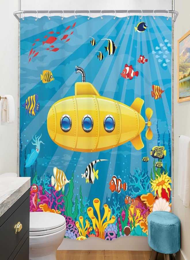 Riyidecor Kids Ocean Shower Curtain for Bathroom Decor 72Wx72H Cartoon Yellow Submarine Marine Underwater Fish Sea Coral Reef Colorful Fabric Inch 12 Pack Plastic Shower Hooks Included - Image 4