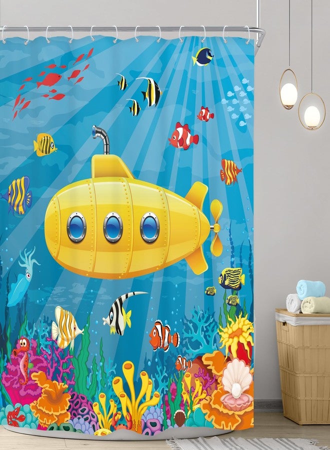 Riyidecor Kids Ocean Shower Curtain for Bathroom Decor 72Wx72H Cartoon Yellow Submarine Marine Underwater Fish Sea Coral Reef Colorful Fabric Inch 12 Pack Plastic Shower Hooks Included - Image 2