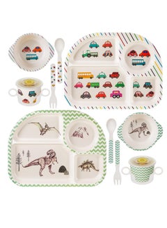 Y&D Bamboo Fiber Baby Dinnerware Set, Food Plate Bowl Cup Spoon Fork Set Dishware, BPA Free Dishwasher Safe Cartoon Tableware for Kids, of 5 Pcs, Car Pattern  - Image 1