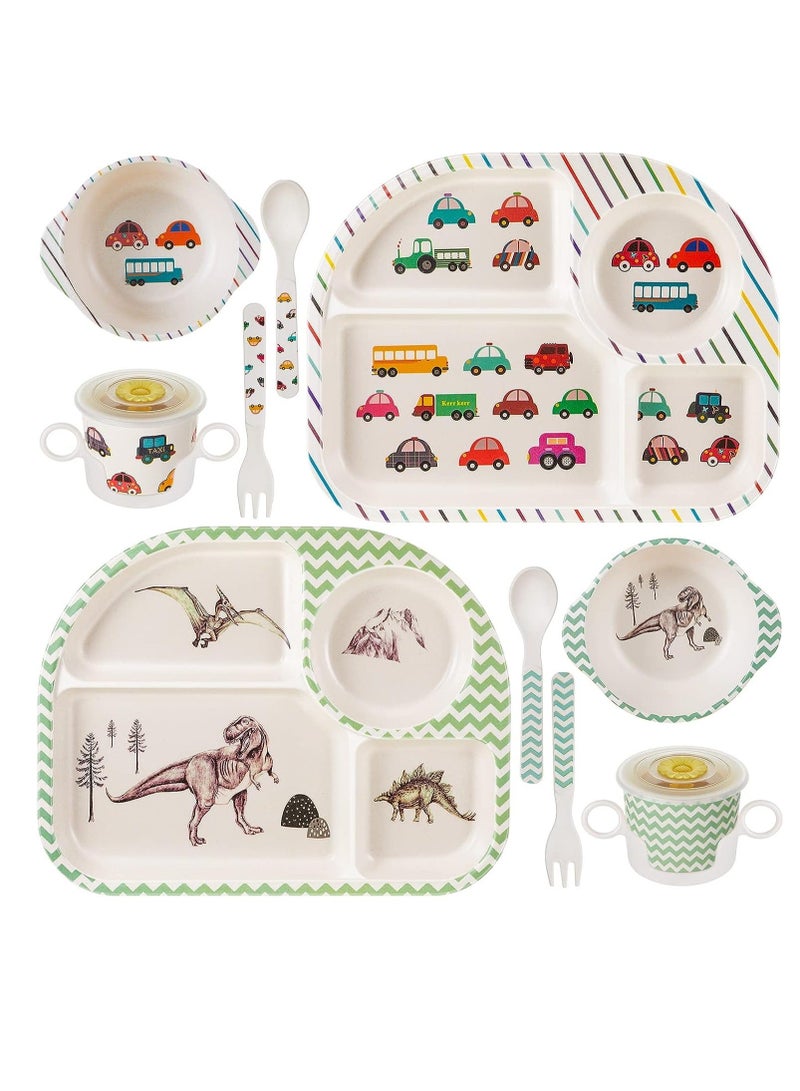واي آند دي Bamboo Fiber Baby Dinnerware Set, Food Plate Bowl Cup Spoon Fork Set Dishware, BPA Free Dishwasher Safe Cartoon Tableware for Kids, of 5 Pcs, Car Pattern - Image 1