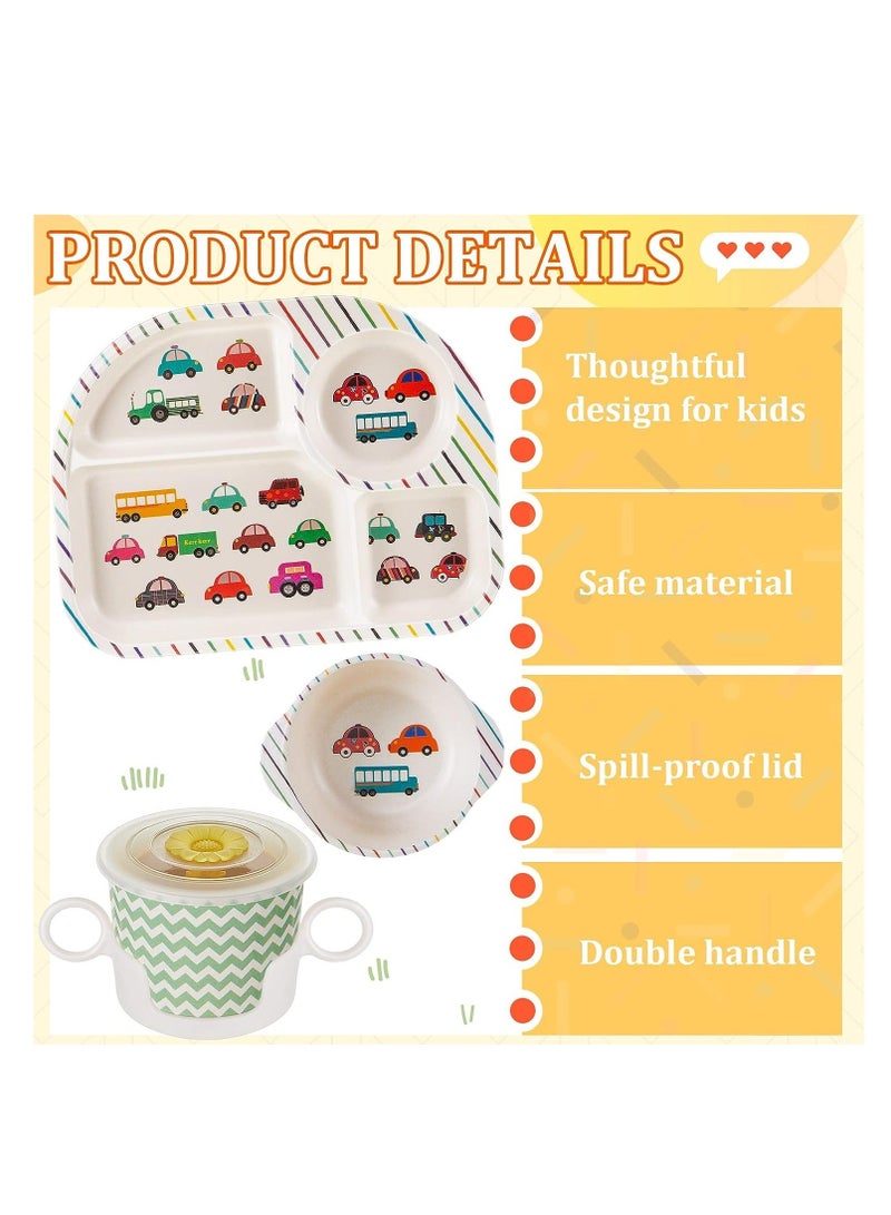 واي آند دي Bamboo Fiber Baby Dinnerware Set, Food Plate Bowl Cup Spoon Fork Set Dishware, BPA Free Dishwasher Safe Cartoon Tableware for Kids, of 5 Pcs, Car Pattern - Image 3