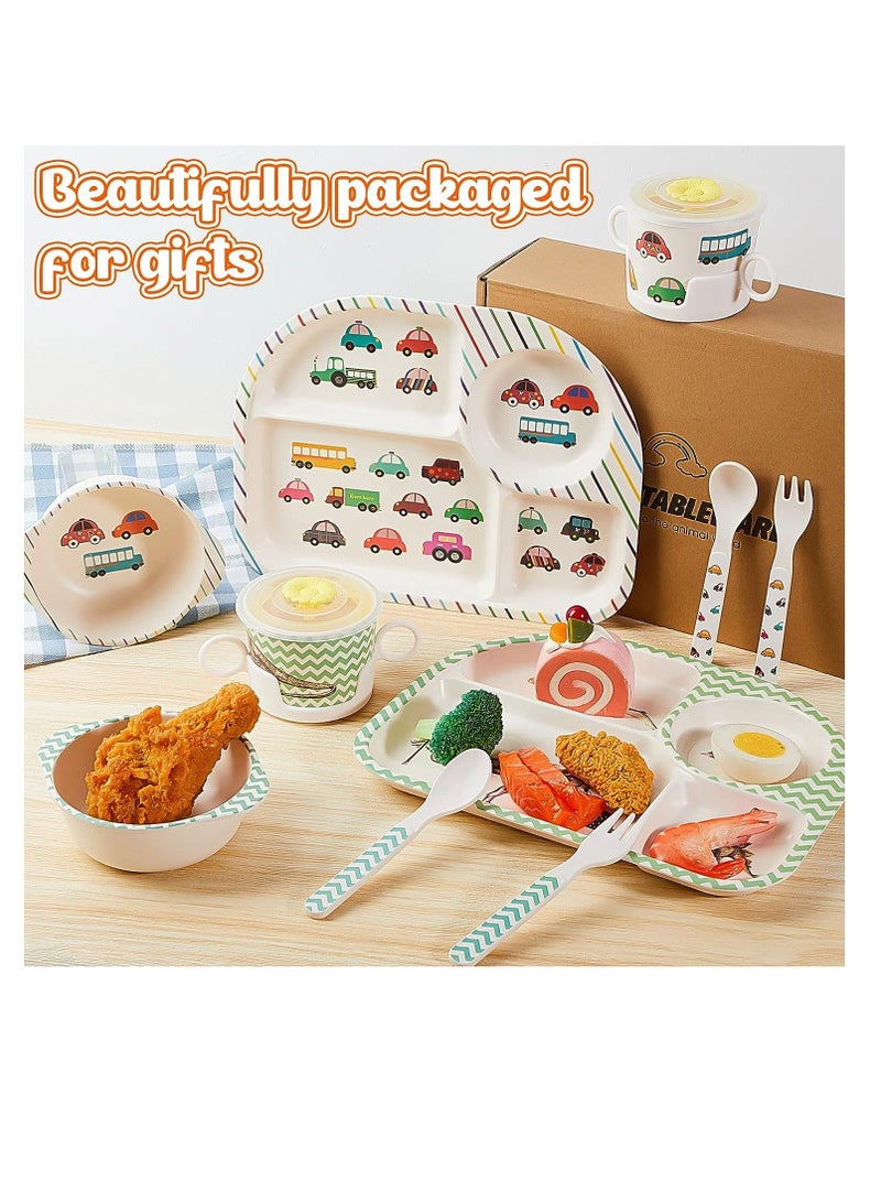 واي آند دي Bamboo Fiber Baby Dinnerware Set, Food Plate Bowl Cup Spoon Fork Set Dishware, BPA Free Dishwasher Safe Cartoon Tableware for Kids, of 5 Pcs, Car Pattern - Image 4