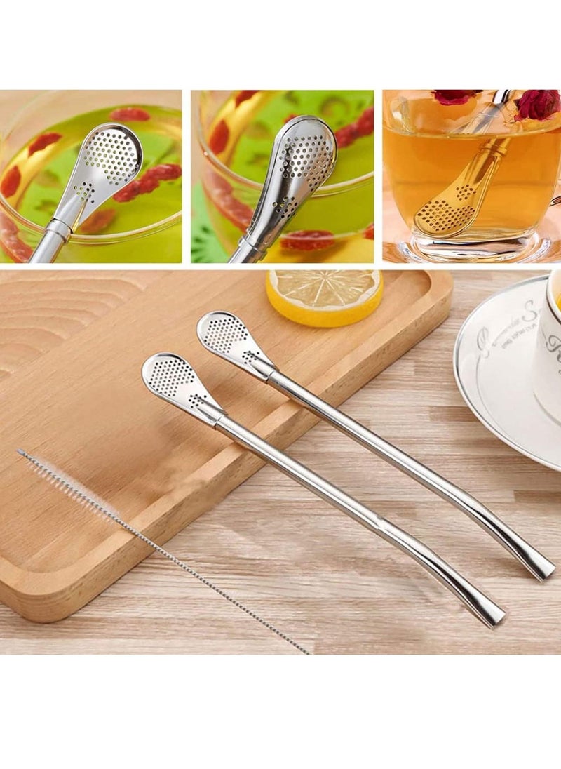 YOMYM - Straws with Filtering Spoon for Yerba Mate , Reusable Stainless Steel Straws to Filter Sediment, with 1 Cleaning Brush Straw for Gourd Loose Leaf Tea Cocktail Infused Drinks(silver) - Image 1