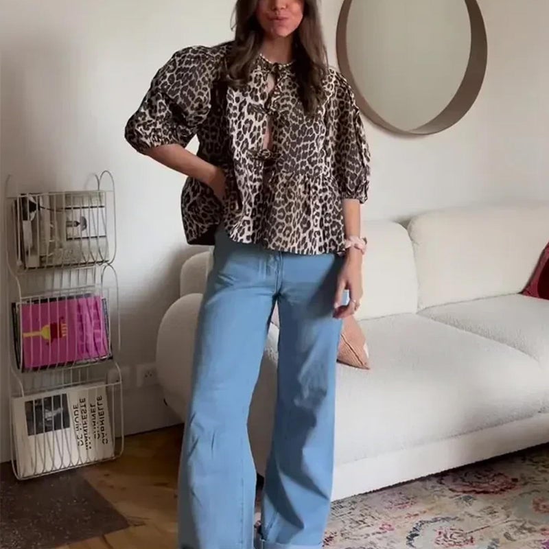 MANGMAO Tie Front Tops Women Y2k Leopard Print Peplum Babydoll Top 3/4 Length Puff Sleeve Coquette Tops Cute Going Out Tops - Image 4