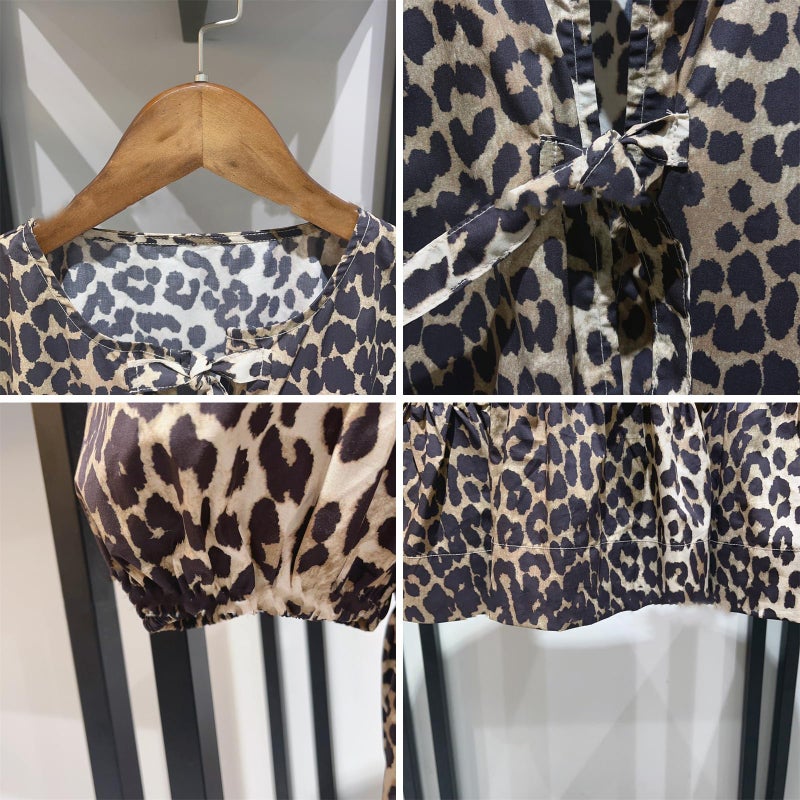 MANGMAO Tie Front Tops Women Y2k Leopard Print Peplum Babydoll Top 3/4 Length Puff Sleeve Coquette Tops Cute Going Out Tops - Image 5