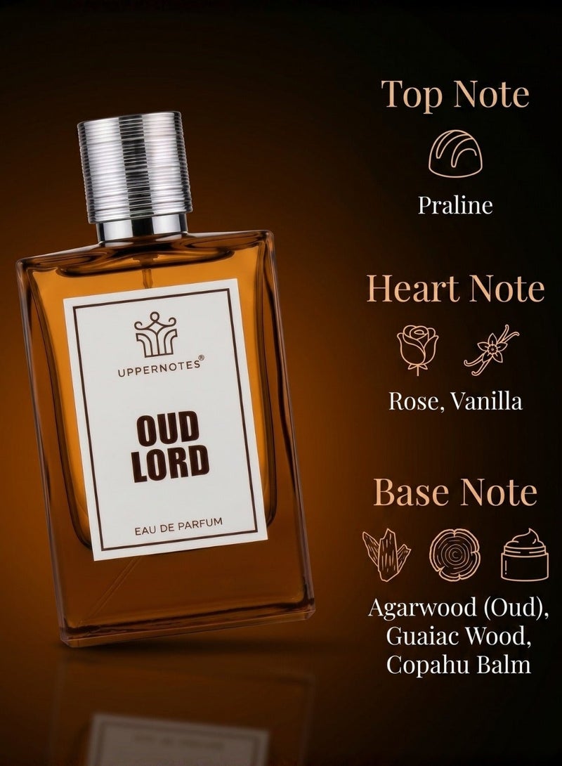 UpperNotes Oud Lord EDP Unisex 80ml | Sweet Praline Rose Vanilla Agarwood | Rich Floral Oriental Long Lasting Fragrance UAE - Image 2