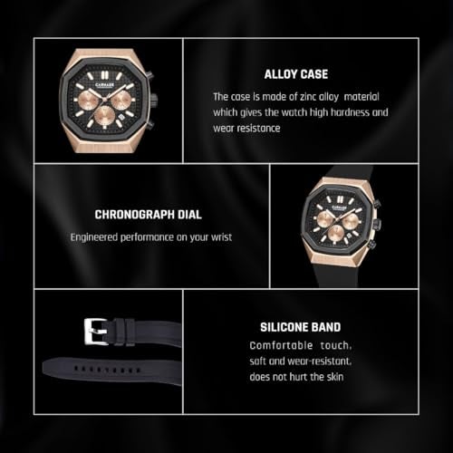 CARNAER Men’s Luxury Chronograph Watch – Octagonal Skeleton Dial, Quartz Movement, Luminous Hands, Rose Gold Zinc Alloy Case, Black Silicone Strap (Black-Gold) - Image 4