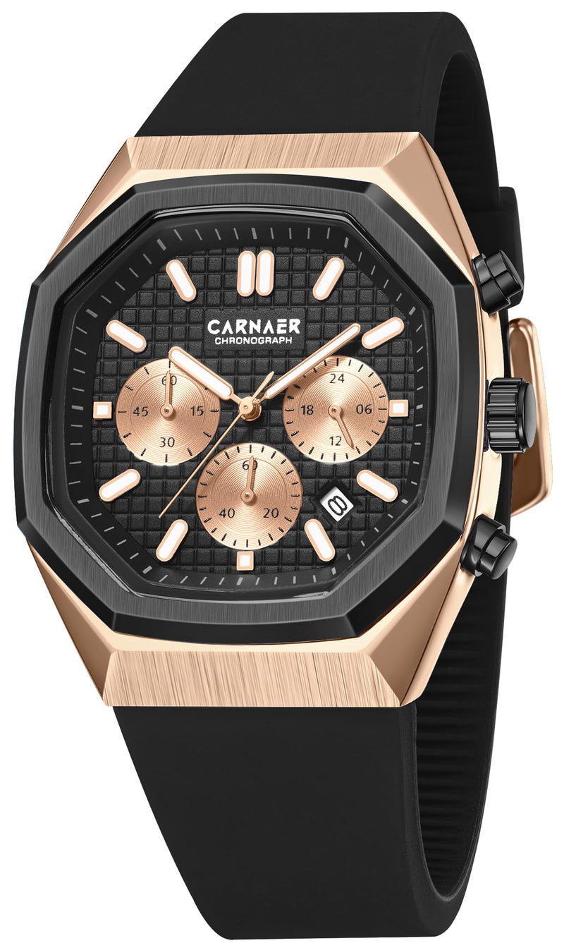 CARNAER Men’s Luxury Chronograph Watch – Octagonal Skeleton Dial, Quartz Movement, Luminous Hands, Rose Gold Zinc Alloy Case, Black Silicone Strap (Black-Gold) - Image 1