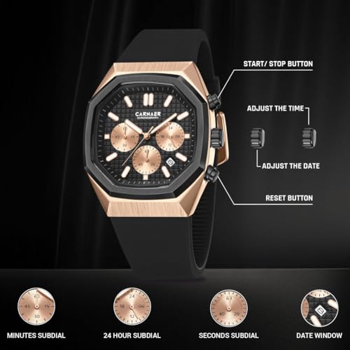 CARNAER Men’s Luxury Chronograph Watch – Octagonal Skeleton Dial, Quartz Movement, Luminous Hands, Rose Gold Zinc Alloy Case, Black Silicone Strap (Black-Gold) - Image 3