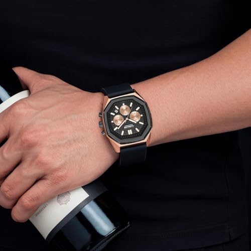CARNAER Men’s Luxury Chronograph Watch – Octagonal Skeleton Dial, Quartz Movement, Luminous Hands, Rose Gold Zinc Alloy Case, Black Silicone Strap (Black-Gold) - Image 2