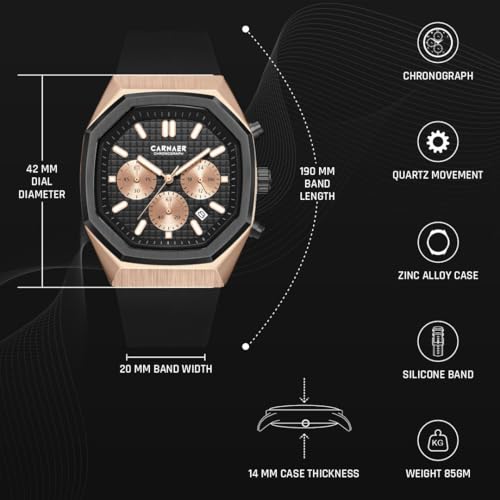 CARNAER Men’s Luxury Chronograph Watch – Octagonal Skeleton Dial, Quartz Movement, Luminous Hands, Rose Gold Zinc Alloy Case, Black Silicone Strap (Black-Gold) - Image 5