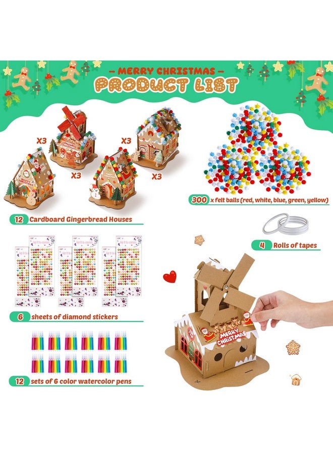 Poen مجموعة بون 12 عبوة من طقم منزل الزنجبيل لعيد الميلاد - طقم حرف يدوية لعيد الميلاد - منزل كرتوني يمكن صنعه بنفسك مع كرات بوم، وأقلام تعليم، وملصقات، وشريط لتزيين حفلة عيد الميلاد (أسلوب أنيق) - Image 3