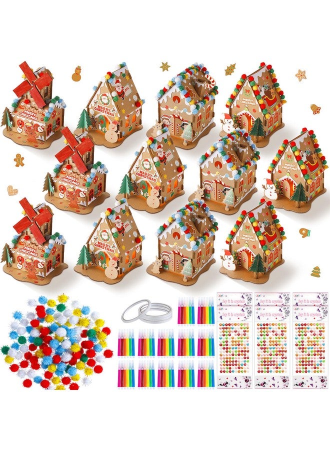 Poen مجموعة بون 12 عبوة من طقم منزل الزنجبيل لعيد الميلاد - طقم حرف يدوية لعيد الميلاد - منزل كرتوني يمكن صنعه بنفسك مع كرات بوم، وأقلام تعليم، وملصقات، وشريط لتزيين حفلة عيد الميلاد (أسلوب أنيق) - Image 1