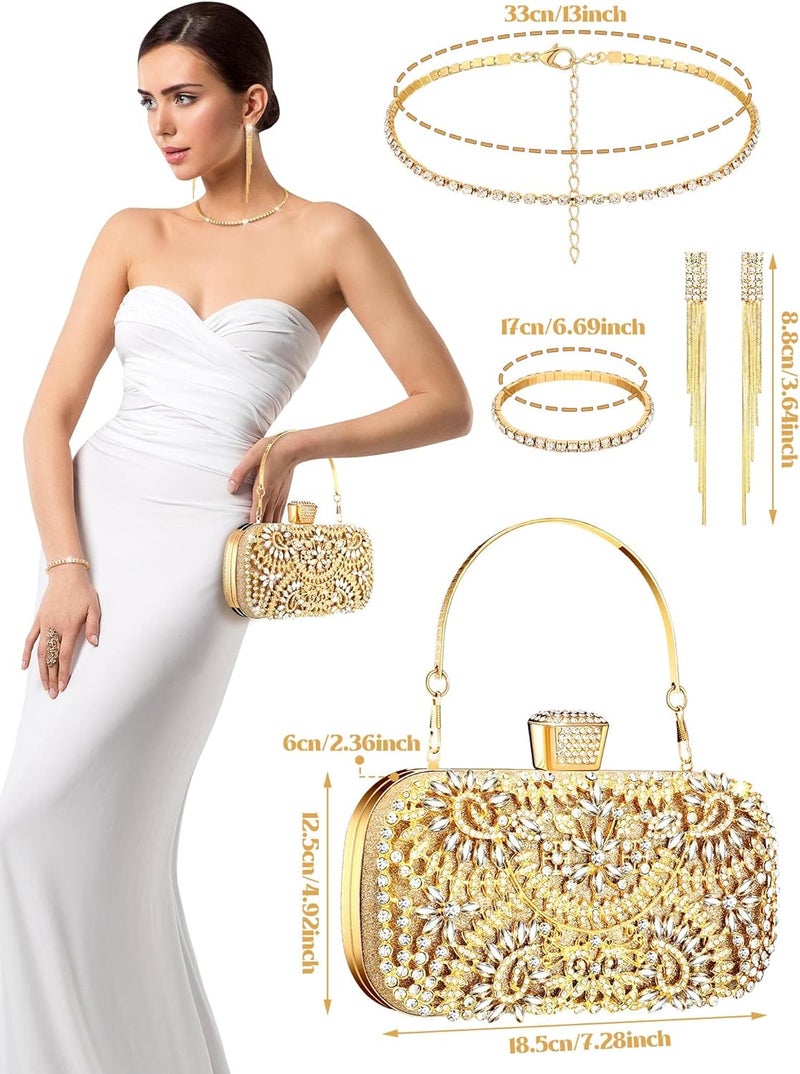 Glenmal 4 Pcs Clutch Purses Jewelry Set for Women Evening Rhinestone Jewelry Bling Glitter Diamond Evening Bag Necklace Choker Bracelets Earrings Set for Wedding Bridal Party PromGold  - Image 2