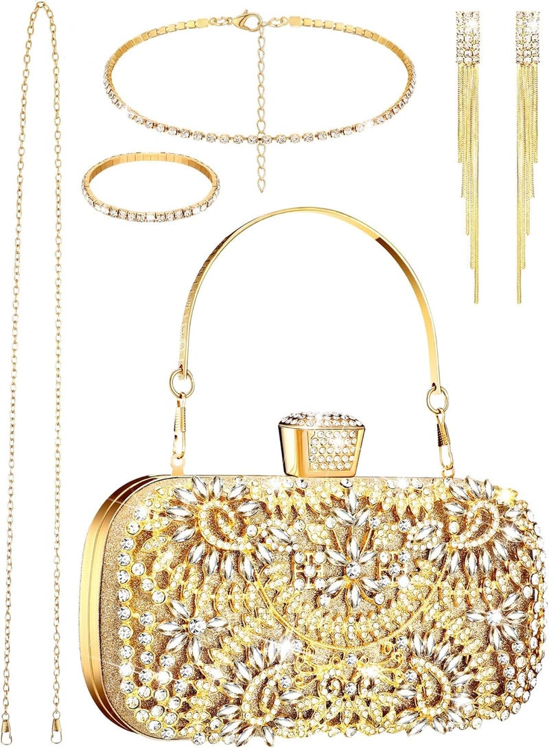 Glenmal 4 Pcs Clutch Purses Jewelry Set for Women Evening Rhinestone Jewelry Bling Glitter Diamond Evening Bag Necklace Choker Bracelets Earrings Set for Wedding Bridal Party PromGold  - Image 1
