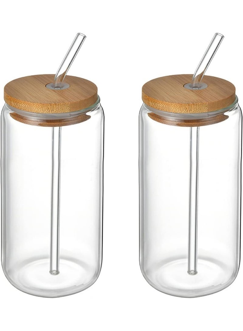 Glass Can Cup Set with Bamboo Lid & Glass Straw – 2 Pack – 500ml - Image 1