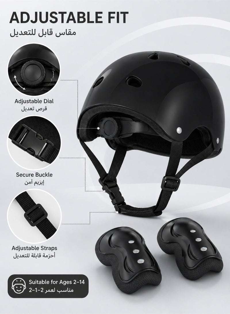 fdsport Kids Protective Gear Set 7 Pieces with Helmet, Knee Pads, Elbow Pads and Wrist Guards, Adjustable Safety Pads for Skateboard, Scooter, Cycling, Roller Skating and Outdoor Sports, Black - Image 2