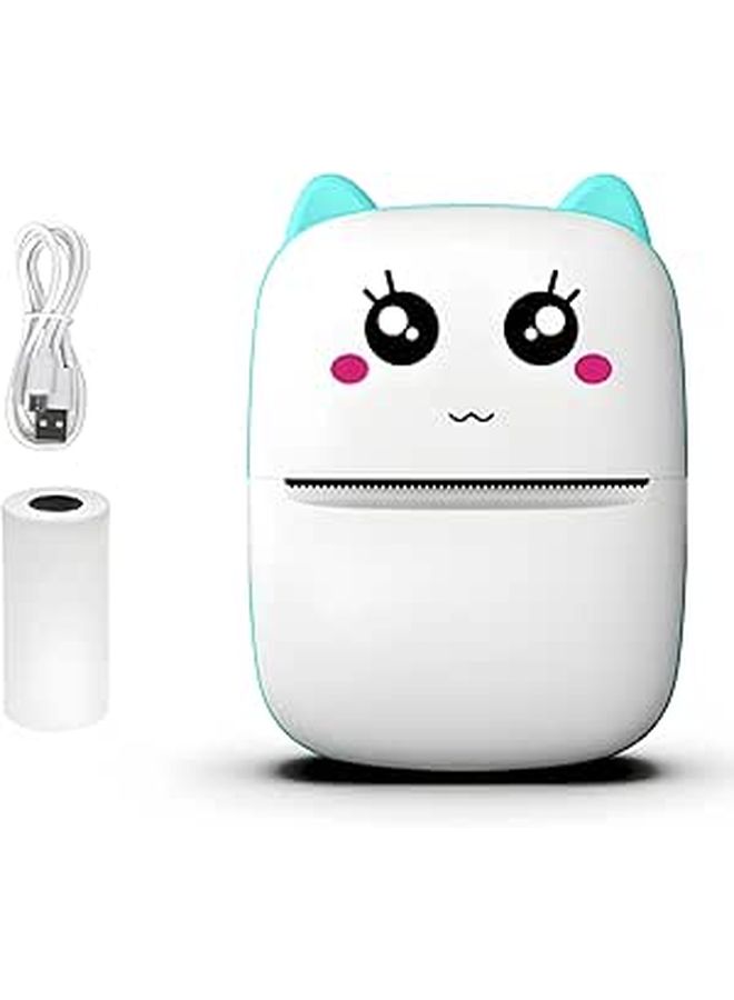 طابعة لاسلكية صغيرة بلا حبر بتصميم قط، مع كابل USB ولفة ورق باللون الأزرق - Image 1