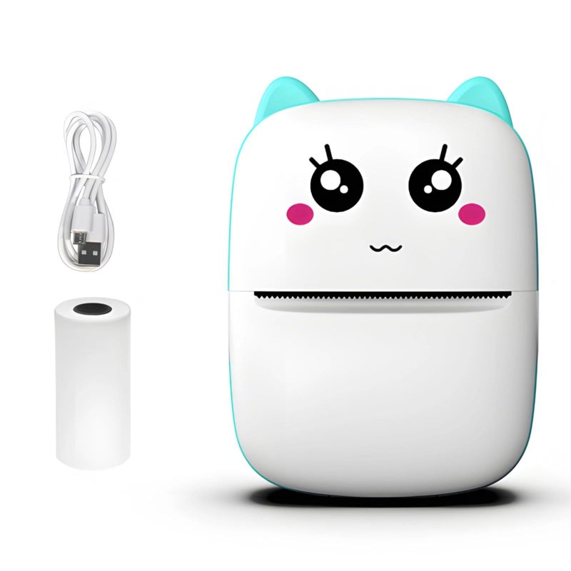 طابعة لاسلكية صغيرة بلا حبر بتصميم قط، مع كابل USB ولفة ورق باللون الأزرق - Image 2