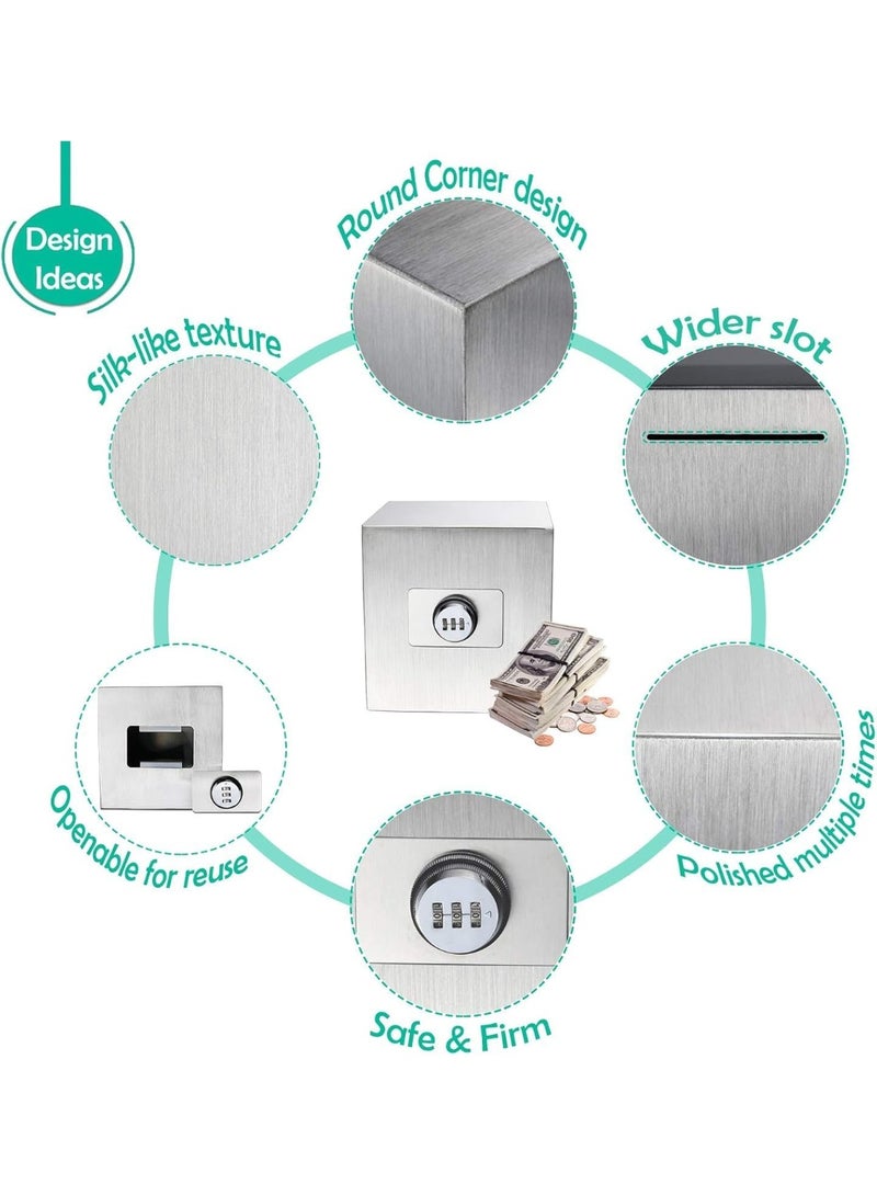 Rubik Piggy Bank with 3-Digits Combination Lock, Stainless Steel Money Saving Box for Cash Coin for Adults & Kids (6 Inch) Silver - Image 3