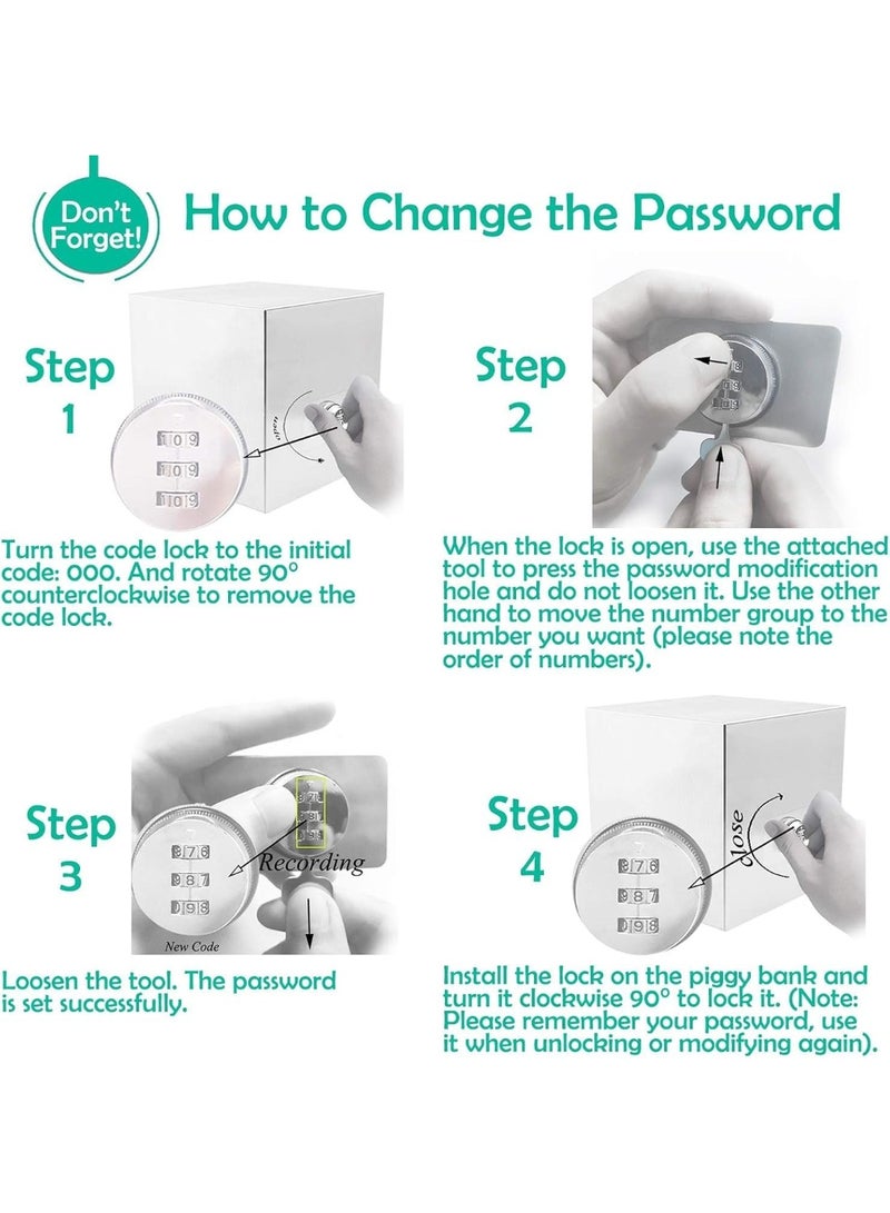 Rubik Piggy Bank with 3-Digits Combination Lock, Stainless Steel Money Saving Box for Cash Coin for Adults & Kids (6 Inch) Silver - Image 5