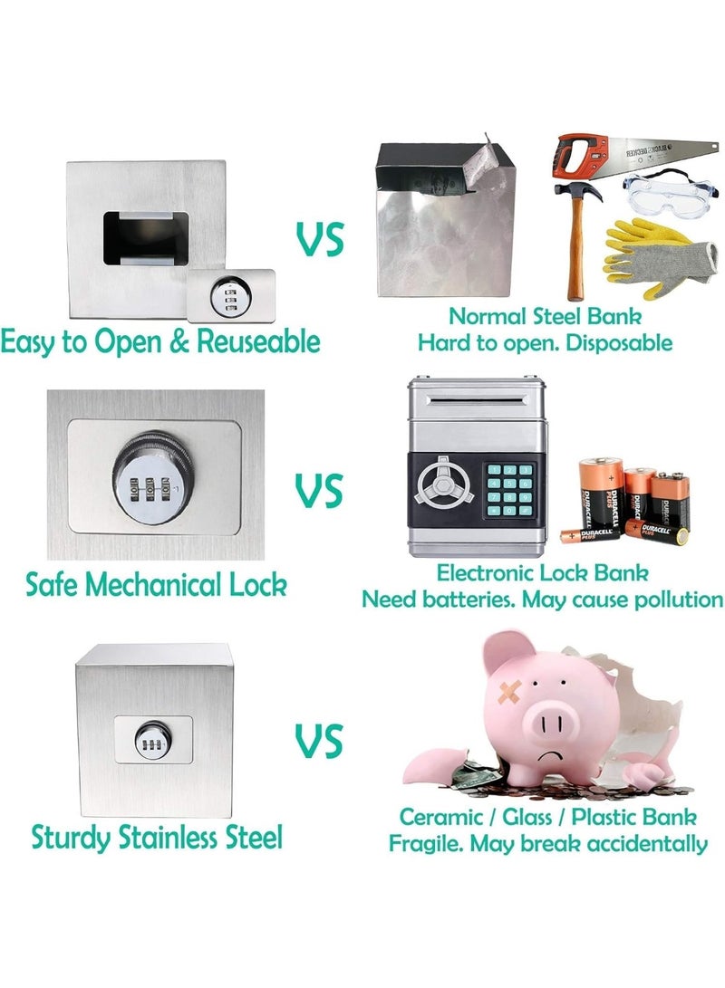 Rubik Piggy Bank with 3-Digits Combination Lock, Stainless Steel Money Saving Box for Cash Coin for Adults & Kids (6 Inch) Silver - Image 4