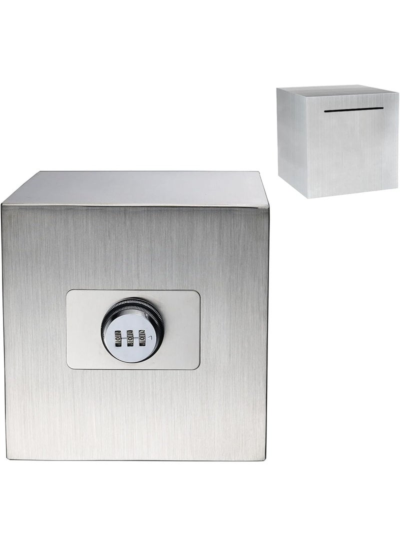 Rubik Piggy Bank with 3-Digits Combination Lock, Stainless Steel Money Saving Box for Cash Coin for Adults & Kids (6 Inch) Silver - Image 1