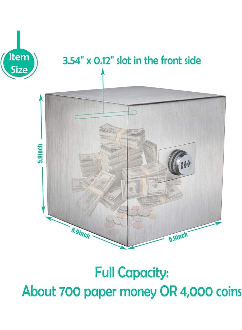 Rubik Piggy Bank with 3-Digits Combination Lock, Stainless Steel Money Saving Box for Cash Coin for Adults & Kids (6 Inch) Silver - Image 2