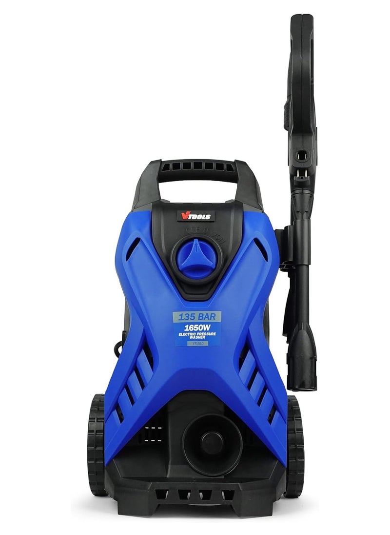 VTOOLS 135 Bar Electric Pressure Washer With 2 Wheels,5 Meter Hose & Soap Dispenser, 1650 Watt,Copper Motor, Auto Stop and Self Priming Mode, For Car, Cleaning, Home & Garden, Blue  - Image 2