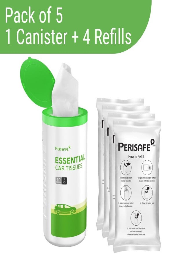 Perisafe Essential Car Tissues Pack of 5 (50 pulls 2 ply-250 pulls) | Fits in All Type of Car Cup Holder| Easily Accessible |Soft, Eco Friendly & Chemical Free |1 Canister of 50 pulls + 4 Refill - Image 3