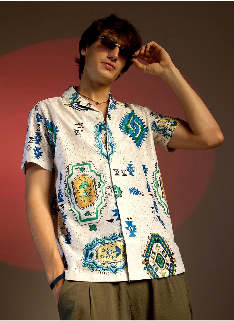 كامبوس سوترا Men's Chalk White Mesh Aztec Shirt  - Image 1