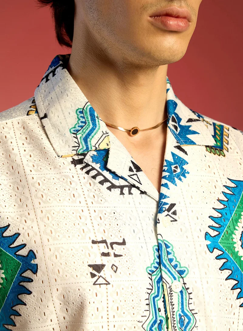 Campus Sutra Men's Chalk White Mesh Aztec Shirt