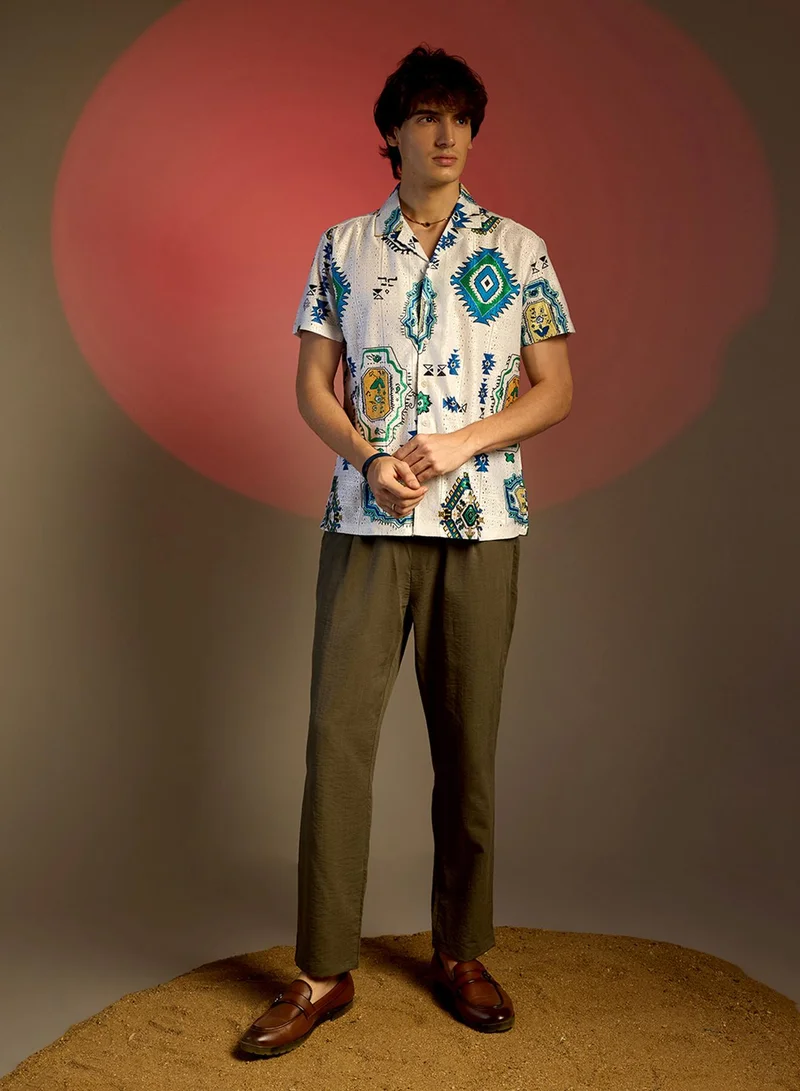 Campus Sutra Men's Chalk White Mesh Aztec Shirt