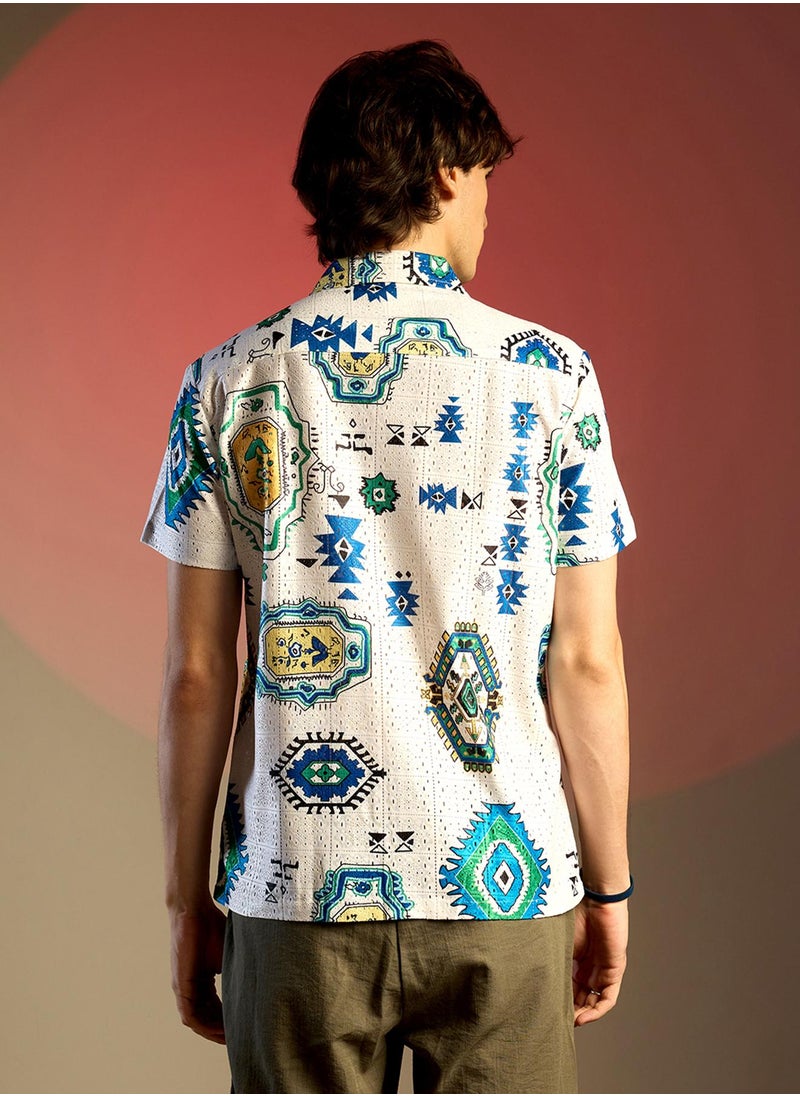 كامبوس سوترا Men's Chalk White Mesh Aztec Shirt  - Image 5