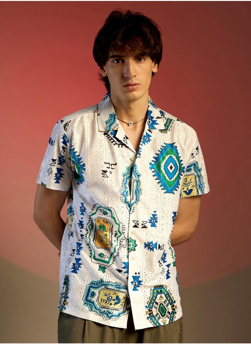 كامبوس سوترا Men's Chalk White Mesh Aztec Shirt  - Image 2
