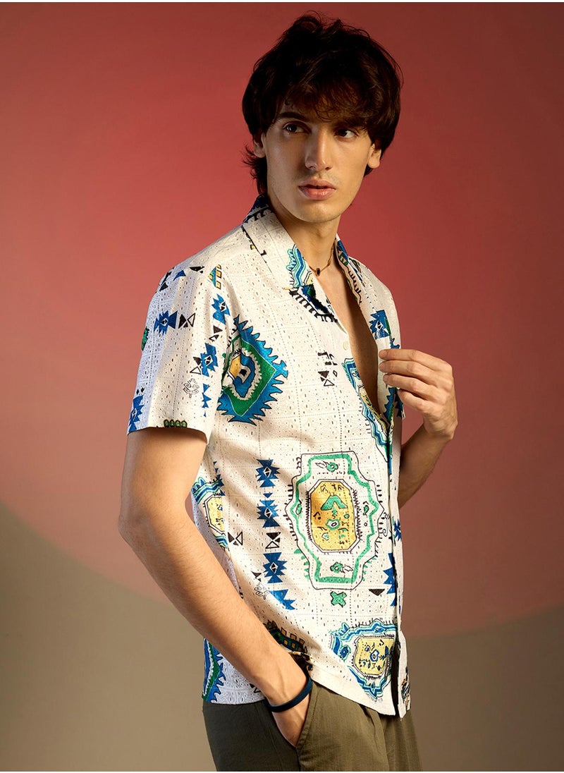 كامبوس سوترا Men's Chalk White Mesh Aztec Shirt  - Image 3