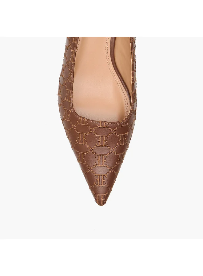 ELLE Women's Monogram Embroidered Slip-On Shoes with Kitten Heels