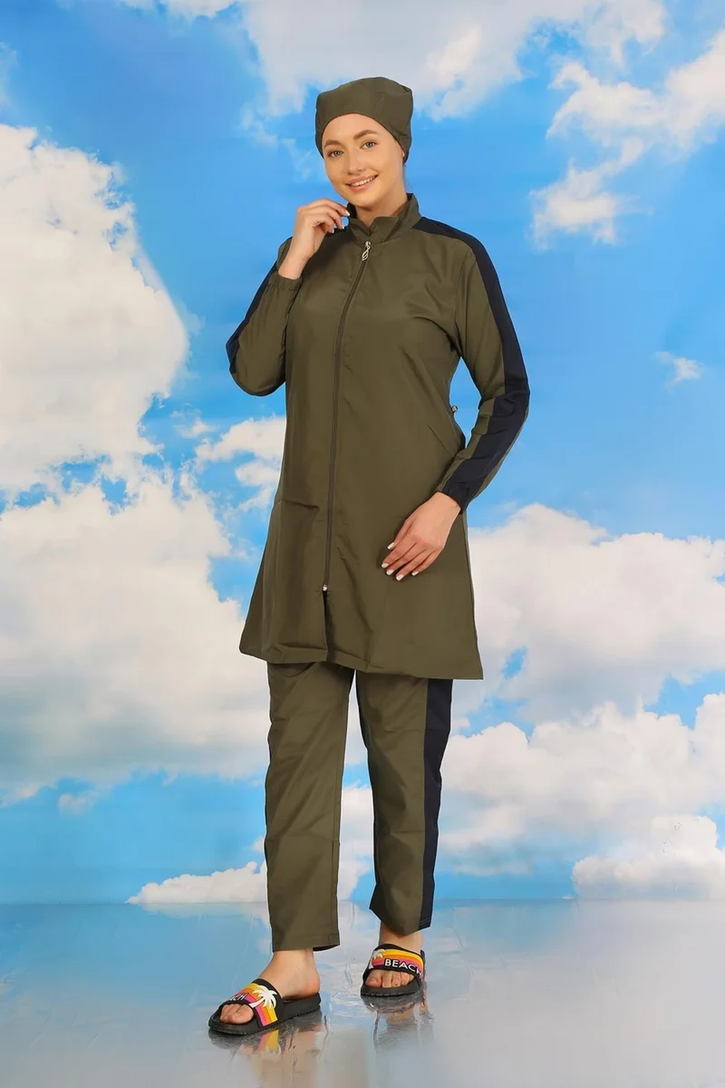 اكبينيز Women's Full Hijab Swimsuit with Trousers and Stripes, Khaki 31066