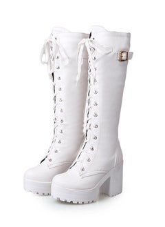 Loquat Women's Thick High Heels Lace Up Boots Round toe Punk Platform Booties White  - Image 1