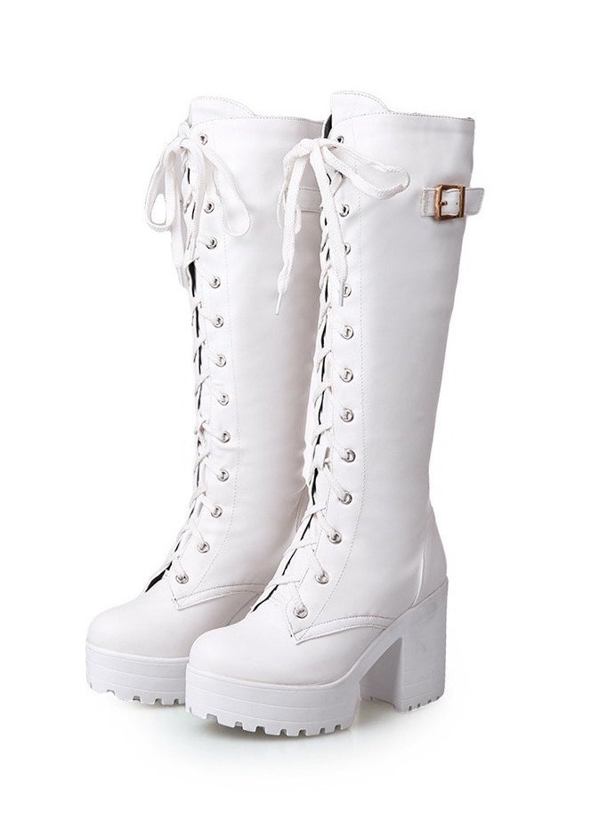 Loquat Women's Thick High Heels Lace Up Boots Round toe Punk Platform Booties White  - Image 1