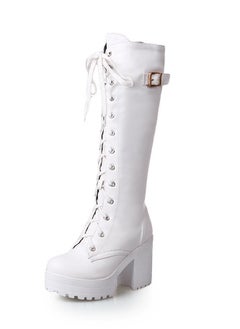 Loquat Women's Thick High Heels Lace Up Boots Round toe Punk Platform Booties White  - Image 2