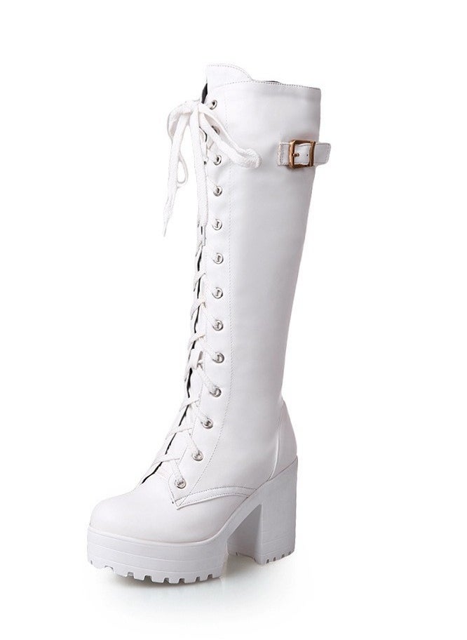 Loquat Women's Thick High Heels Lace Up Boots Round toe Punk Platform Booties White  - Image 2