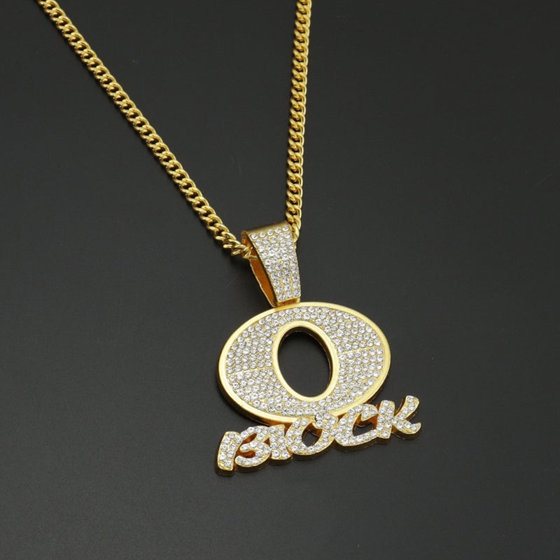European and American Hip Hop OBLOCK Letter Pendant Necklace Alloy Diamond Brand Punk Rap Cool Necklace Gold Pendant with 70cm Cuban Chain Gold Pendant with 70cm Cuban Chain