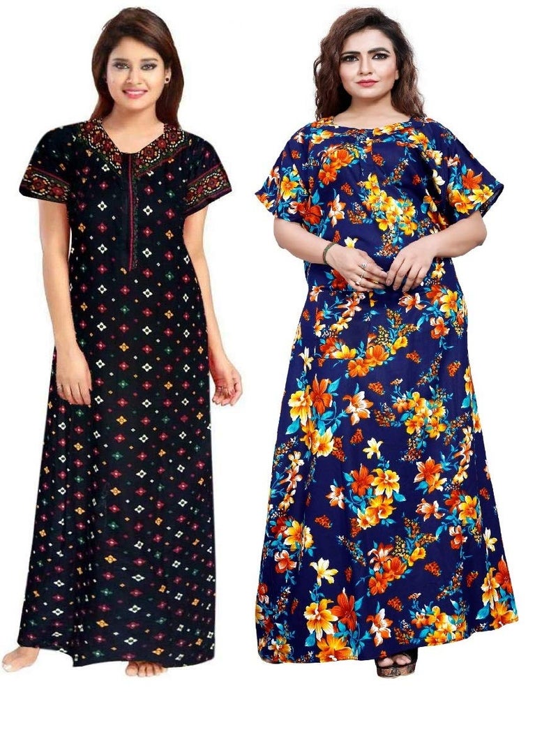 NEGLIGEE Women's Cotton Printed Maxi Nightgown Nighty for Women Ankle Length Night Dress - Pack of 2 (Free Size, 18 Black & Blue) - Image 1