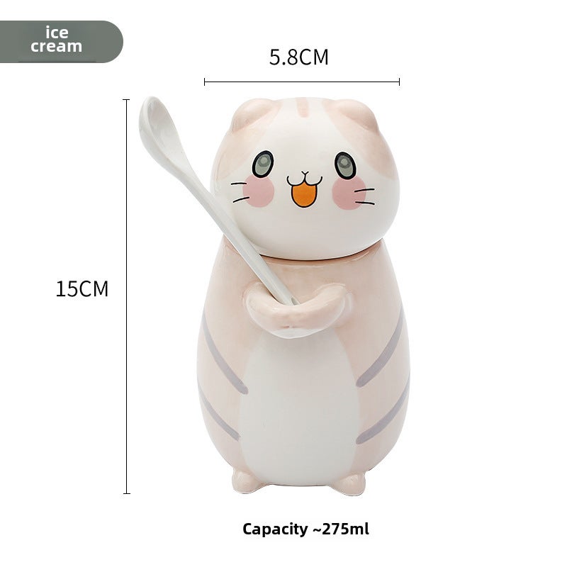 Cute Cat Ceramic Mug with Lid for Couples Lotus Color No. 5 Ice Cream 