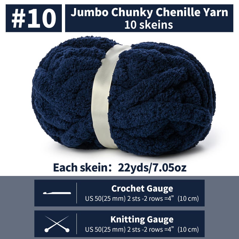 OMoiut 10 Pack of Denim Blue Soft Jumbo Chunky Yarn for Hand Knitting,Thick Blanket Yarn for Crocheting, #10 Super Bulky Yarns, 220yds/70.5oz Fluffy Chunky Chenille Yarns for Crocheting. - Image 2