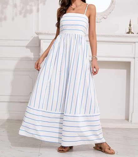 yoeasy Women's Striped Spaghetti Strap Cutout Maxi Dress Sleeveless Backless Flowy Swing Long Dress (XX-Large, Blue White) - Image 2