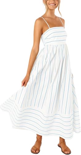 yoeasy Women's Striped Spaghetti Strap Cutout Maxi Dress Sleeveless Backless Flowy Swing Long Dress (XX-Large, Blue White) - Image 1